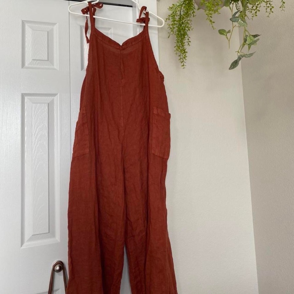 Rust linen tie up overalls